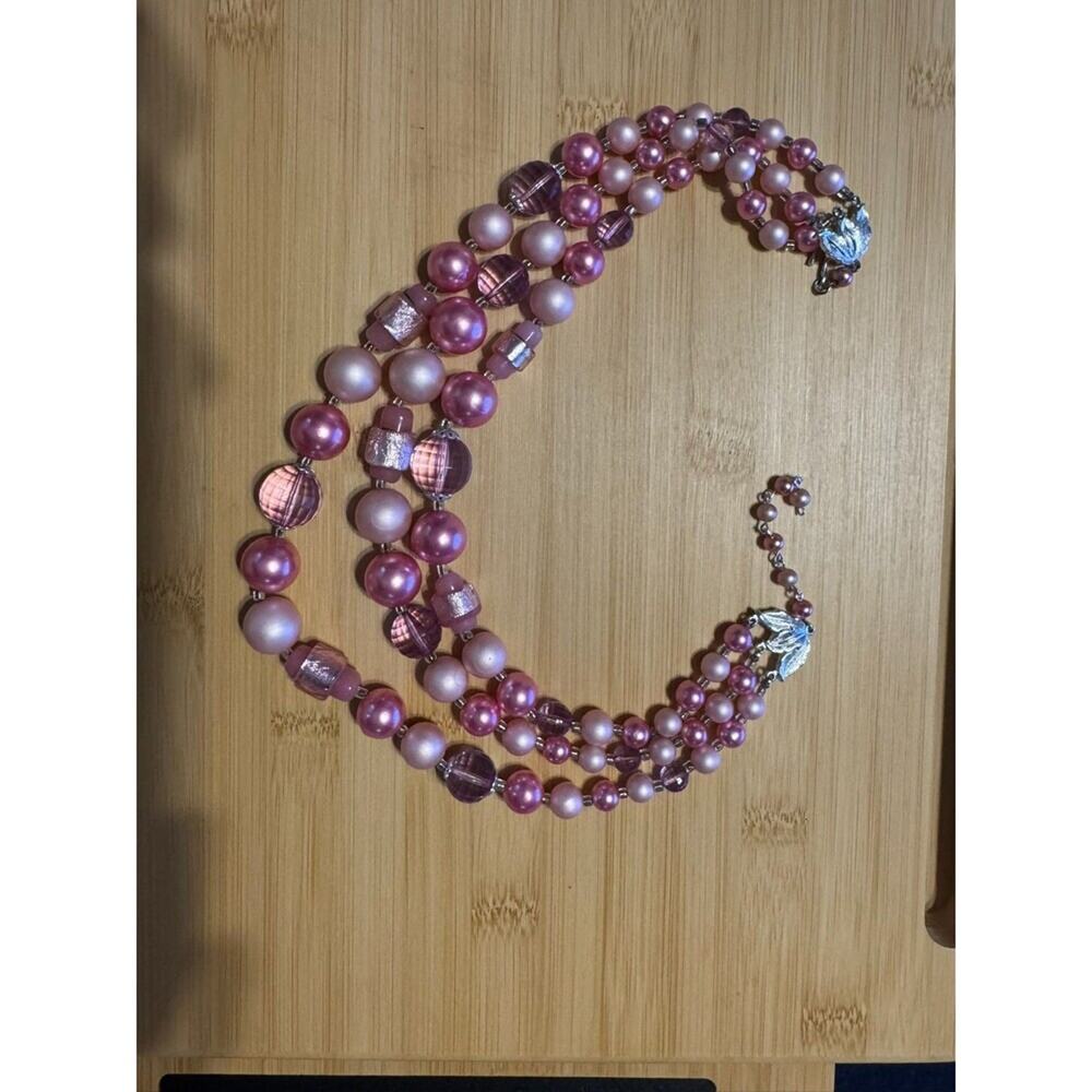 Vintage Faux Pearl Necklace 13”, 3 Strand, 3 Shades of Pink, Signed Japan